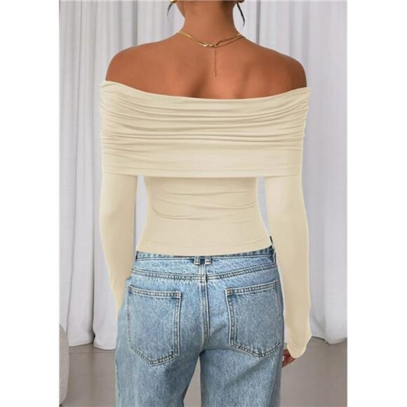 Womens Off Shoulder Long Sleeve Top Fitted Y2K Fall Going Out Blouse Trendy - Picture 6 of 7